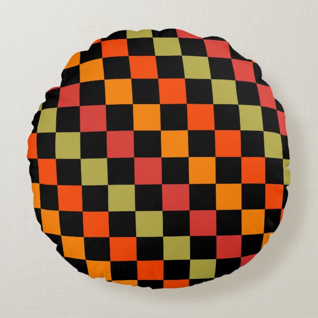 Orange Black Chequered Gingham Pattern Round Cushion (Front)