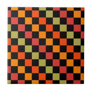 Orange Black Chequered Gingham Pattern Tile