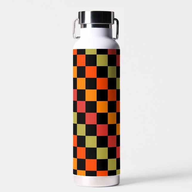 Orange Black Chequered Gingham Pattern Water Bottle (Front)