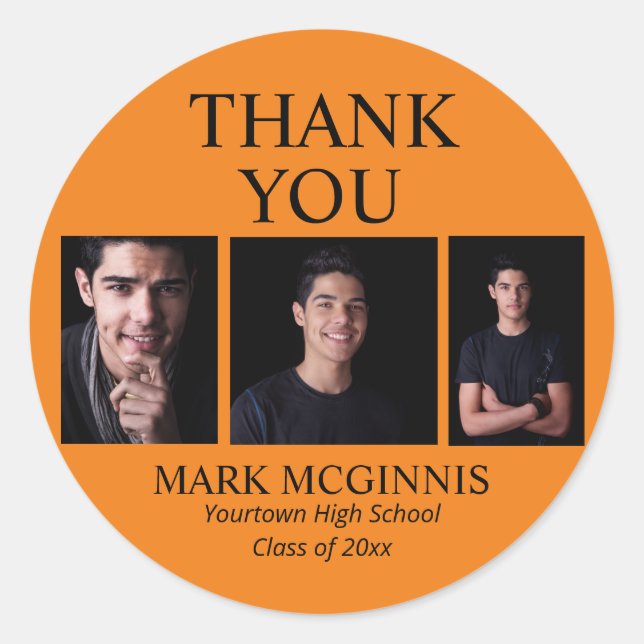 Orange Black Class 2025 Graduation Photo Classic Round Sticker (Front)