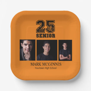 Orange Black Class 2025 Graduation Photo Paper Plate