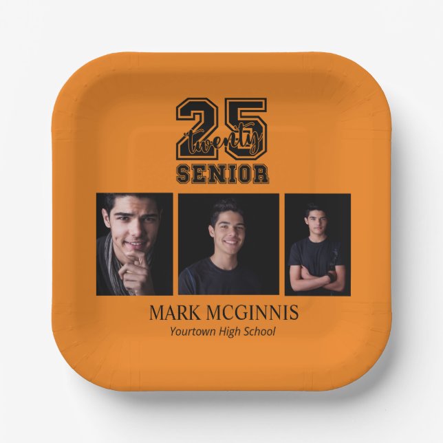 Orange Black Class 2025 Graduation Photo Paper Plate (Front)