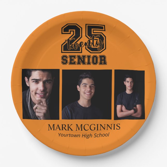 Orange Black Class 2025 Graduation Photo Paper Plate (Front)