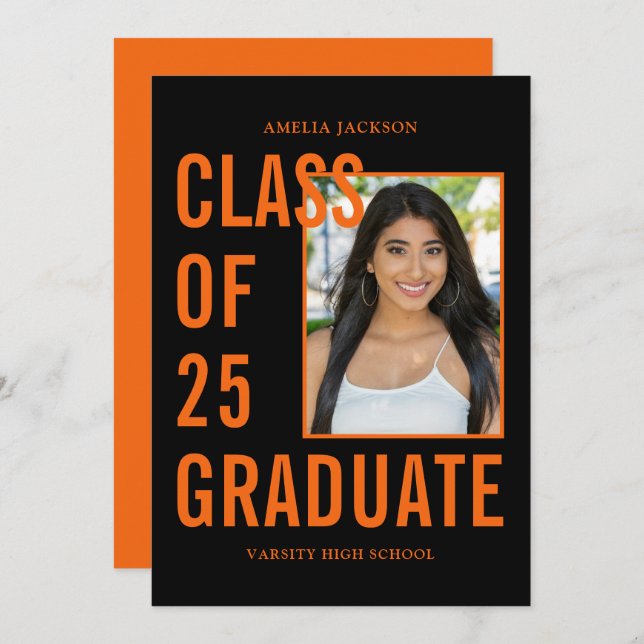Orange & Black Class Of 25 Photo Graduation Announcement (Front/Back)