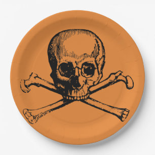 Orange Black Cool Pirate Skull Halloween party Paper Plate