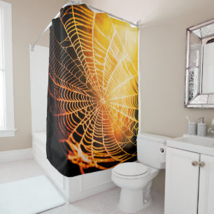 Orange Black Creepy Spooky Spider Web Shower Curtain