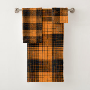 Orange Black Crosshatch Buffalo Check Bath Towel Set
