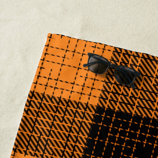  Orange Black Crosshatch Buffalo Check Beach Towel (In Situ)