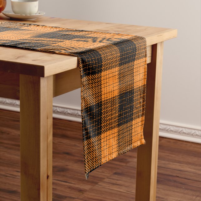  Orange Black Crosshatch Buffalo Check Short Table Runner (In Situ)