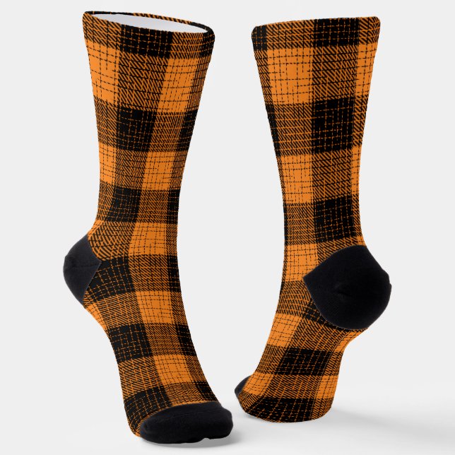  Orange Black Crosshatch Buffalo Check Socks (Angled)