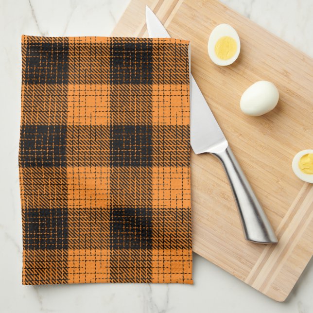  Orange Black Crosshatch Buffalo Check Tea Towel (Quarter Fold)