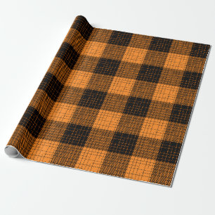 Orange Black Crosshatch Buffalo Check Wrapping Paper
