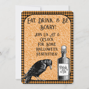 Orange Black Crow Raven Halloween Invitation