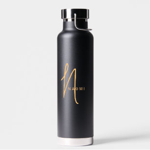 Orange Black Custom Monogram Script Name Stylish Water Bottle