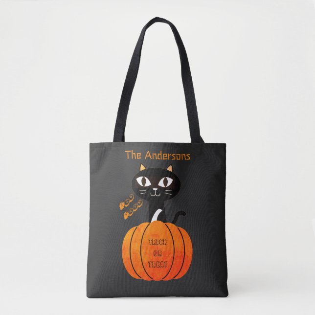 Orange & Black Cute Cat Trick or Treat Halloween Tote Bag (Front)