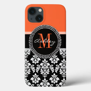 Orange Black Damask Pattern Monogram iPhone 13 Case