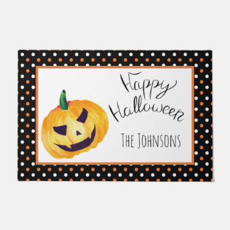 Orange Black dots Pumpkin Name Happy Halloween Doormat