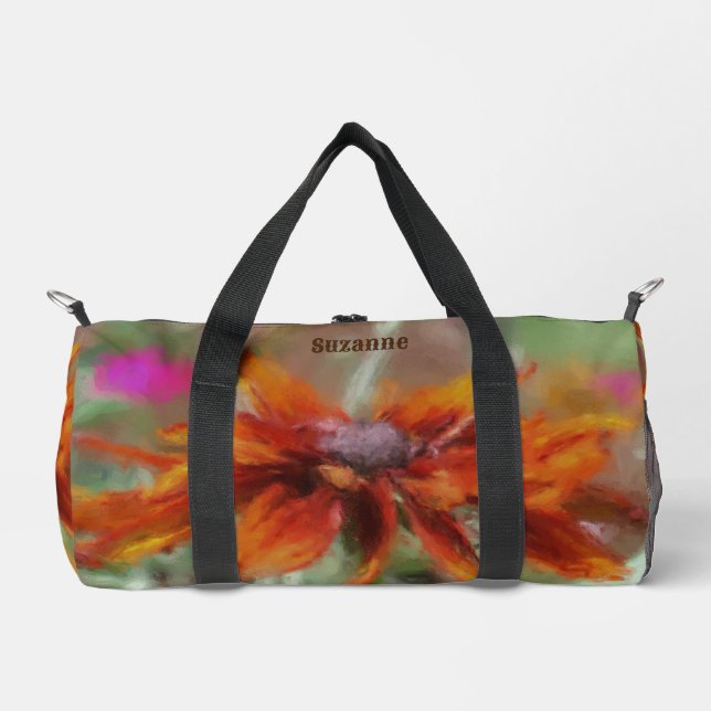 Orange Black Eyed Susan Flower Art Personalised Duffle Bag (Front)