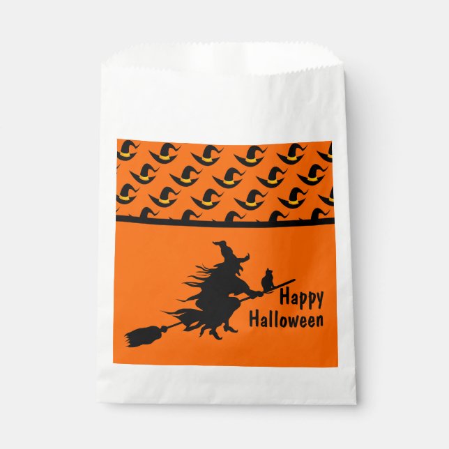 Orange & Black, Flying Witch Halloween  Favour Bags (Front)