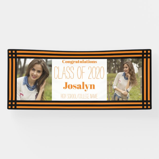 Orange Black Geometric Two Photos Graduation Banner (Horizontal)