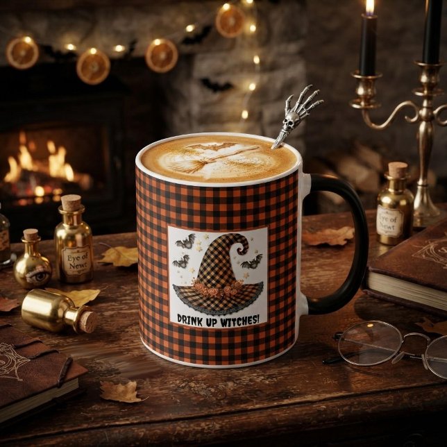 Orange & Black Gingham Halloween Witch Hat & Bats Mug (Creator Uploaded)