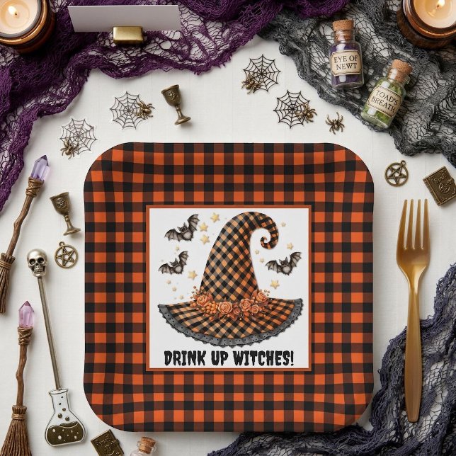 Orange & Black Gingham Halloween Witch Hat & Bats Paper Plate (Creator Uploaded)