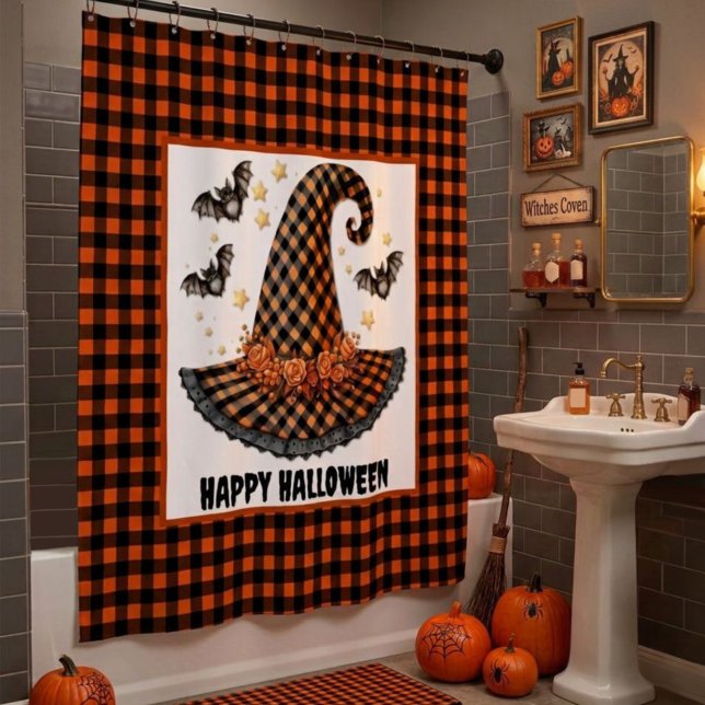 Orange & Black Gingham Halloween Witch Hat & Bats Shower Curtain (Creator Uploaded)