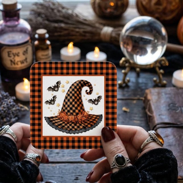 Orange & Black Gingham Halloween Witch Hat & Bats Square Sticker (Creator Uploaded)