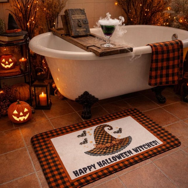 Orange & Black Gingham Halloween Witch Hat Welcome Bath Mat (Creator Uploaded)