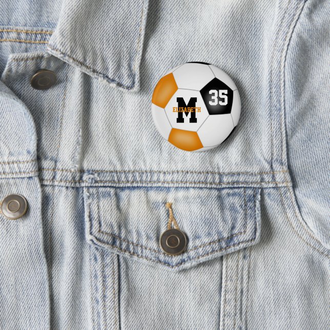 orange black girls boys soccer team colours 6 cm round badge (In Situ)