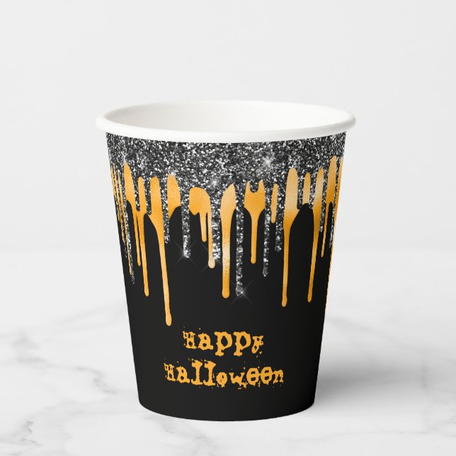 Orange Black Glitter Drips Happy Halloween Paper Cups (Front)