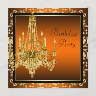 Orange Black Gold Damask Chandelier Birthday Party Invitation