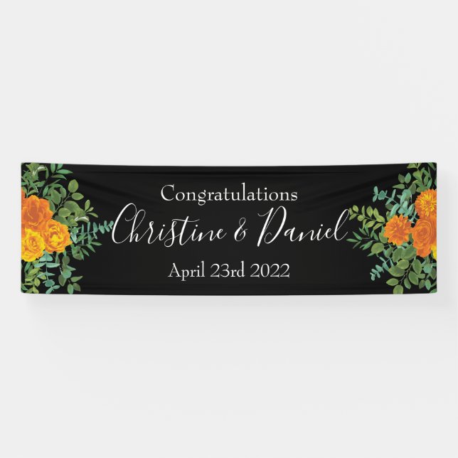 Orange & Black Gothic Peony & Rose Floral Wedding Banner (Horizontal)