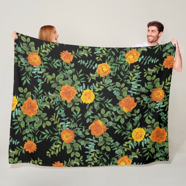 Orange & Black Gothic Peony & Rose Floral Wedding Fleece Blanket (In Situ)