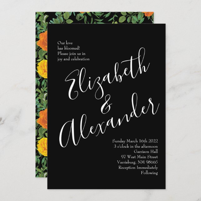Orange & Black Gothic Peony & Rose Floral Wedding Invitation (Front/Back)