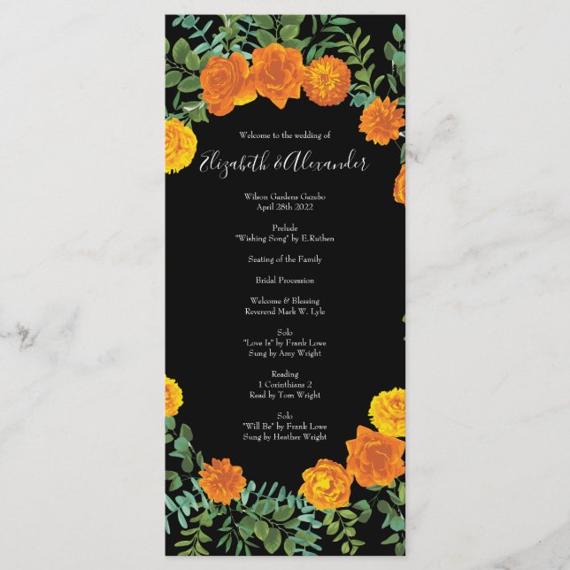 Orange Black Gothic Peony Rose Wedding Programs Menu (Front)