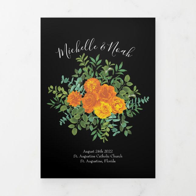 Orange & Black Gothic Peony Rose Wedding Programs Tri-Fold Programme (Cover)