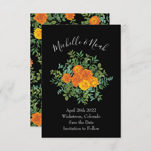 Orange & Black Gothic Peony Rose Wedding Save Date Invitation (Front/Back)