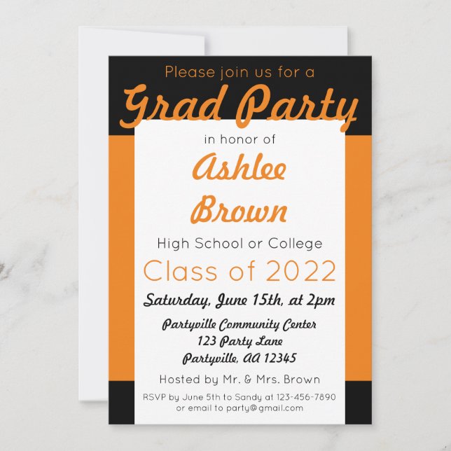 Orange Black Grad Party Bold Graduation Invitation (Front)