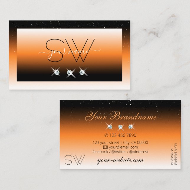 Orange Black Gradient Sparkling Diamonds Initials  Business Card (Front/Back)