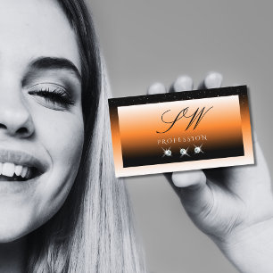 Orange Black Gradient Sparkling Diamonds Monogram  Business Card