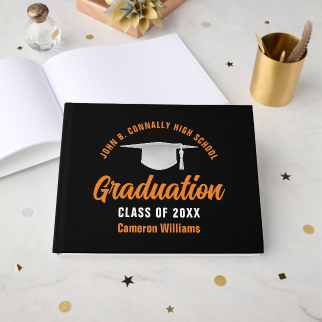 Orange Black Graduate Custom 2025 Graduation Guest Book (Front Open)
