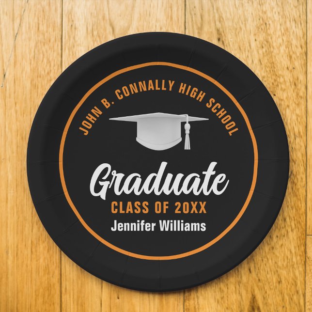 Orange Black Graduate Custom 2025 Graduation Party Paper Plate (Creator Uploaded)
