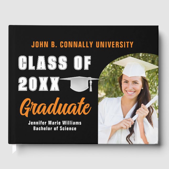 Orange Black Graduate Photo Custom Graduation Guest Book (Front)