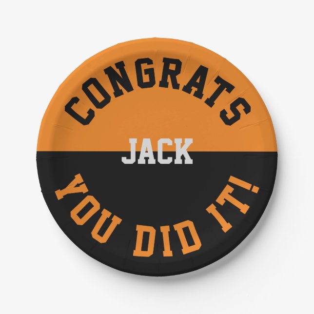 Orange & Black Graduation Congrats - You Did It Paper Plate (Front)