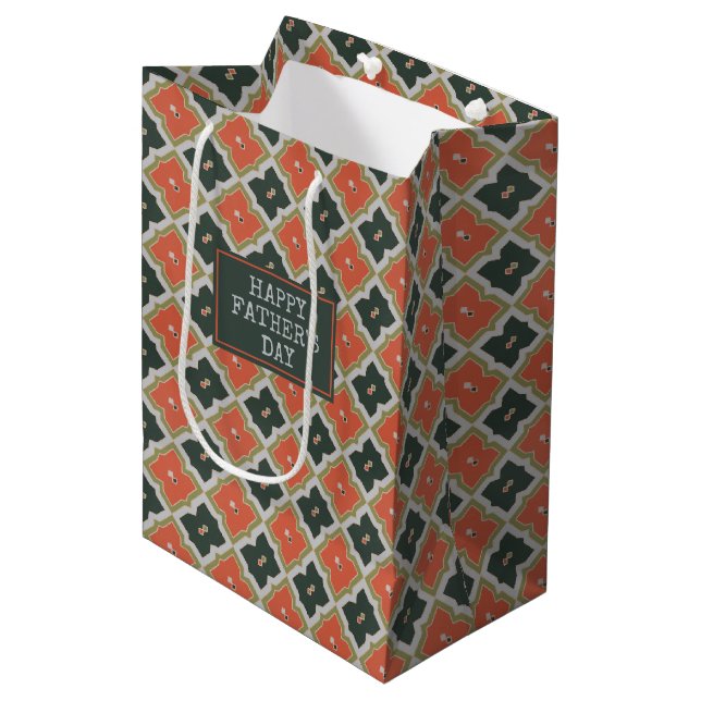 Orange, Black Grey Diamond Pattern Fathers Day Medium Gift Bag (Front Angled)