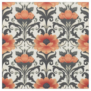 Orange / Black / Grey Floral Art Nouveau Fabric