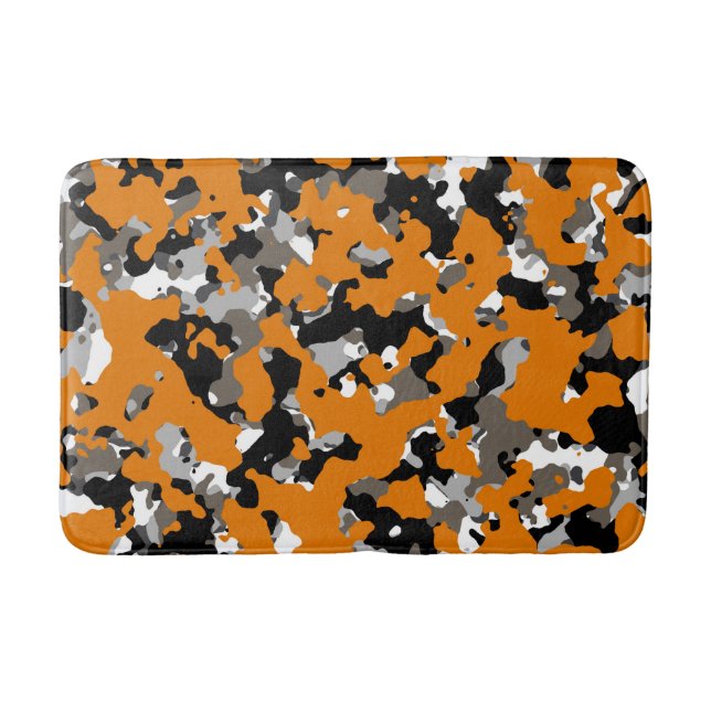 Orange Black Grey Tan Camouflage Camo Print Bath Mat (Front)