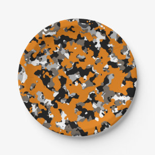 Orange Black Grey Tan Camouflage Camo Print Party Paper Plate