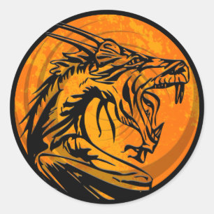 Orange black grunge dragon round stickers